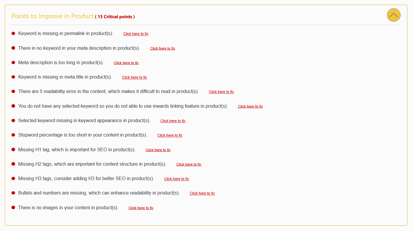 Diagnostics panel showing Points to Improve for WooCommerce products, highlighting missing or misconfigured SEO settings in DefiniteSEO.