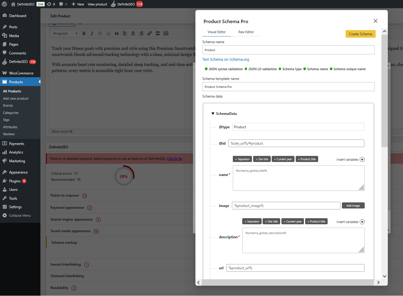 Product Schema and Entity Optimization section showing schema options, structured data fields, and JSON-LD settings for WooCommerce in DefiniteSEO.