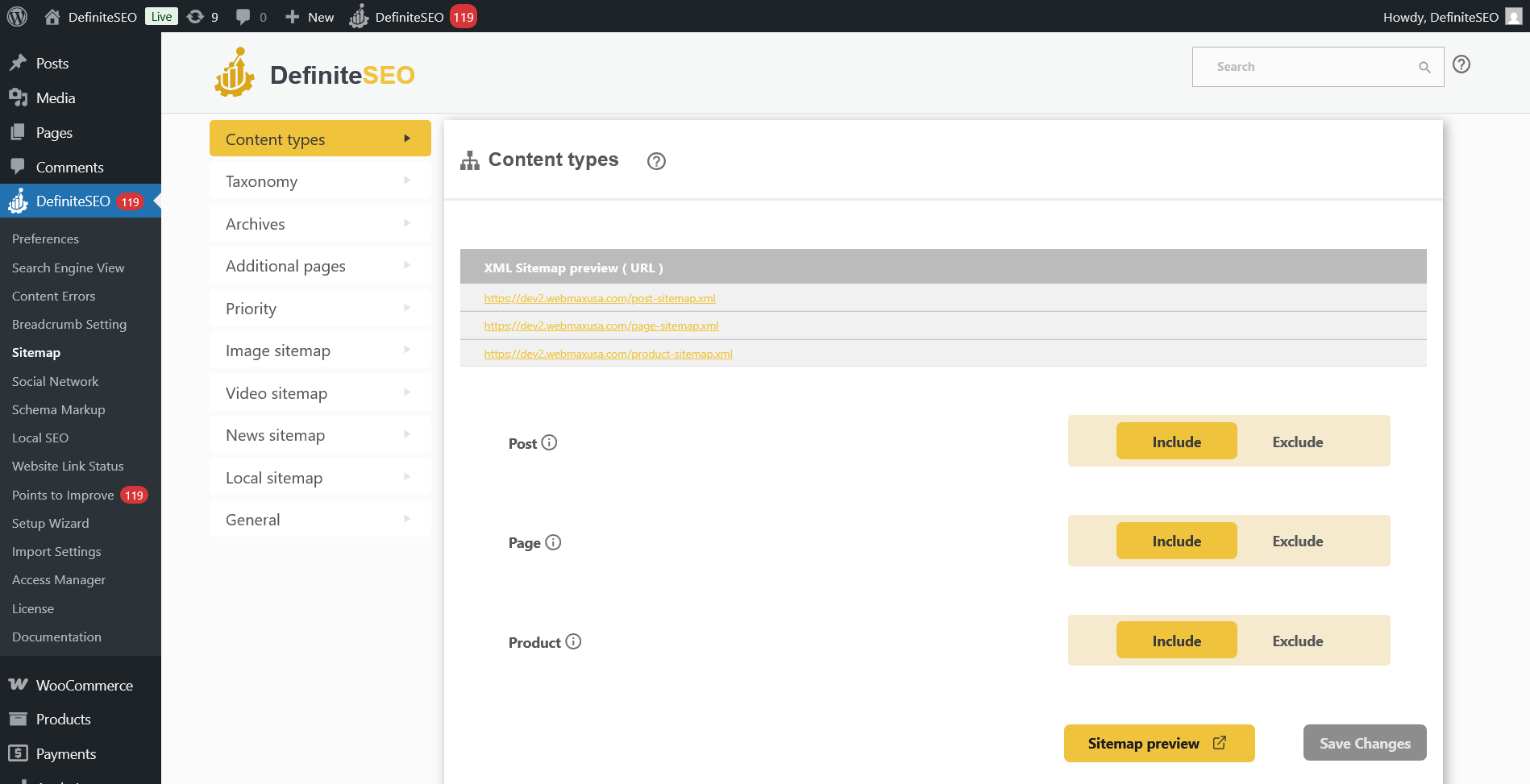 Product Sitemap Configuration and Index Management settings showing WooCommerce product and taxonomy inclusion options in DefiniteSEO.