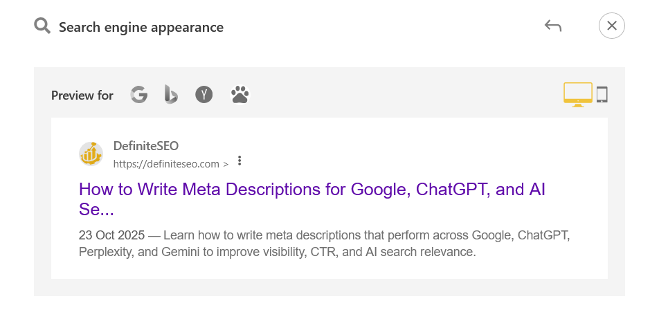Screenshot of an SEO tool showing how a meta description appears in Google’s search results preview.