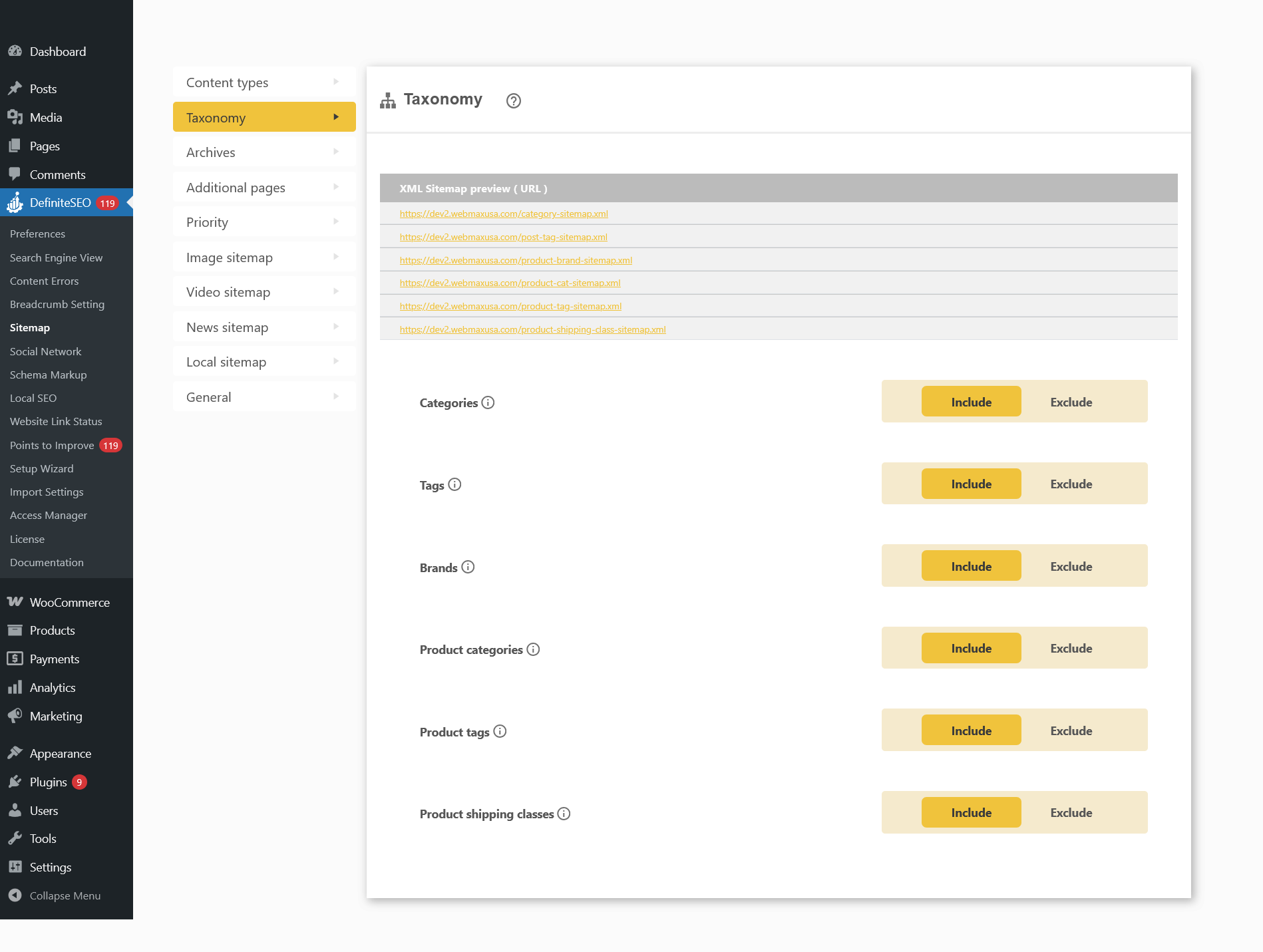 Taxonomies Sitemap Configuration and Index Management settings showing WooCommerce product and taxonomy inclusion options in DefiniteSEO.