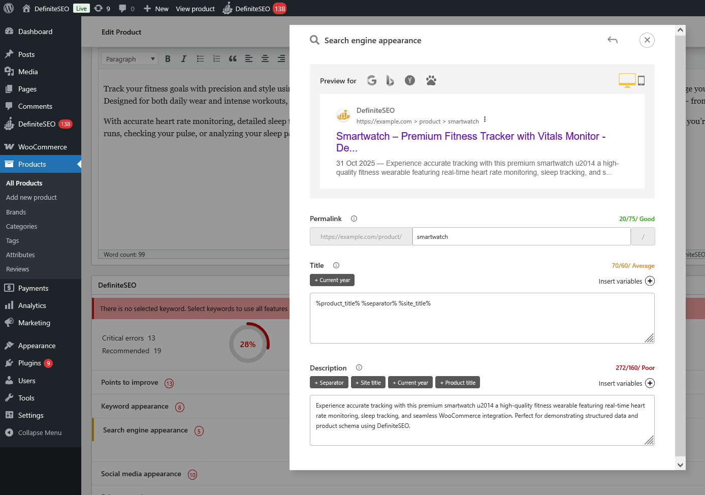 Search Engine Appearance section showing title and description input fields with a live Google search result preview for WooCommerce in DefiniteSEO.