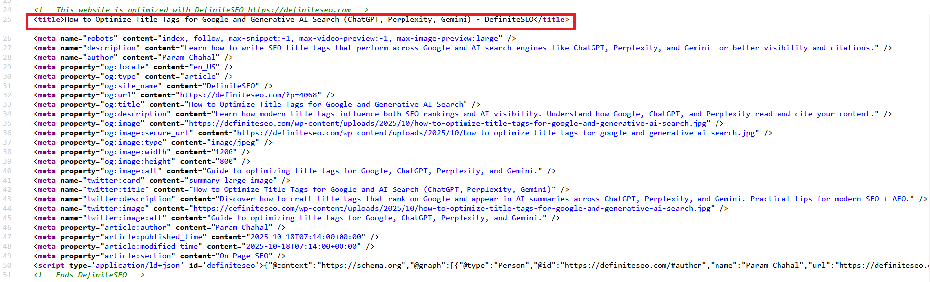 Screenshot show how the Title Tags is output in HTML of a Web Page.