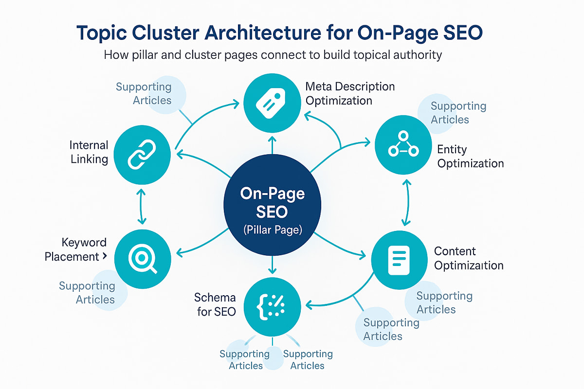 Topic cluster model showing On-Page SEO pillar and internal linking cluster.