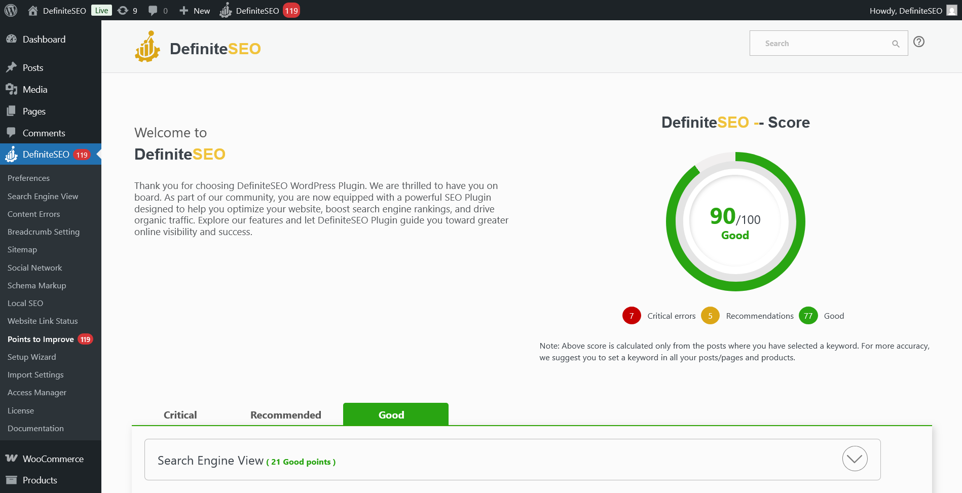 SEO Scoring and Performance Measurement dashboard showing overall optimization score and analysis for WooCommerce in DefiniteSEO.