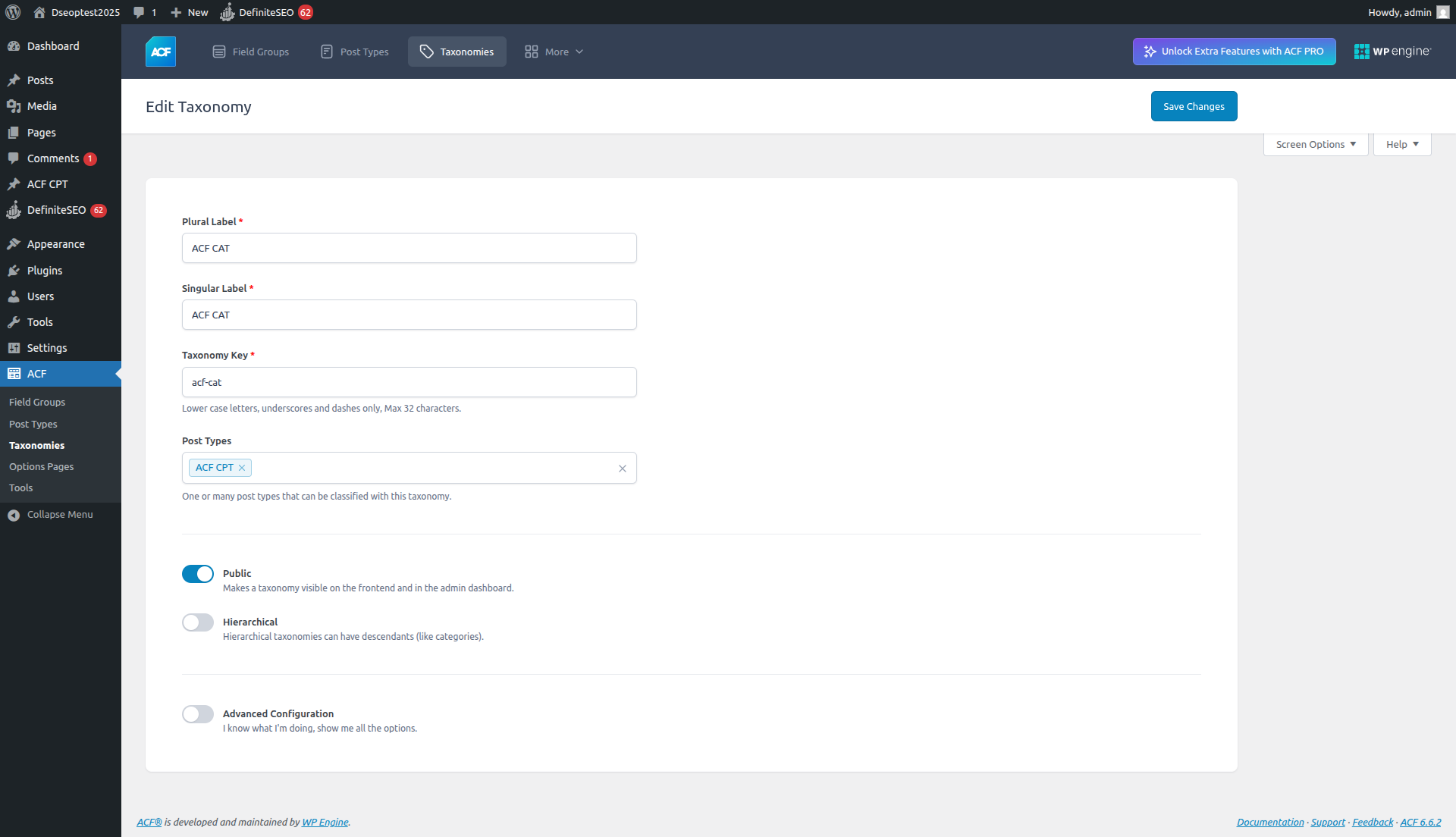 Advanced Custom Fields interface showing creation of a custom taxonomy named ACF CAT linked to a custom post type in WordPress.