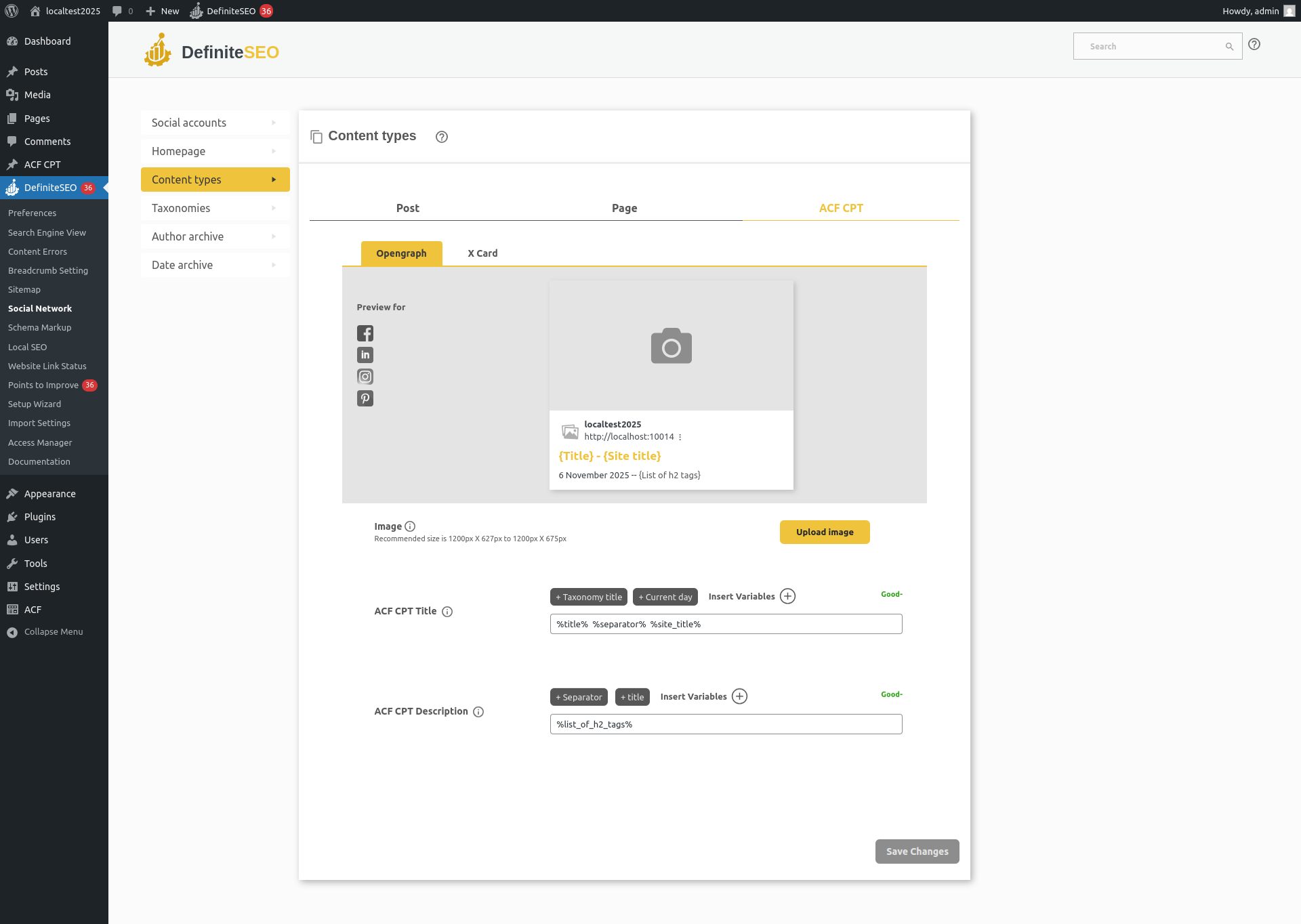DefiniteSEO supporting Open Graph and Twitter Card titles and descriptions for ACF custom posts.