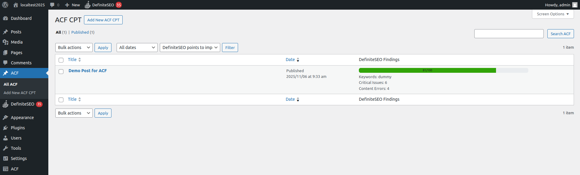 DefiniteSEO plugin displaying SEO score, keyword usage, and optimization insights for custom post types created with Advanced Custom Fields in WordPress.