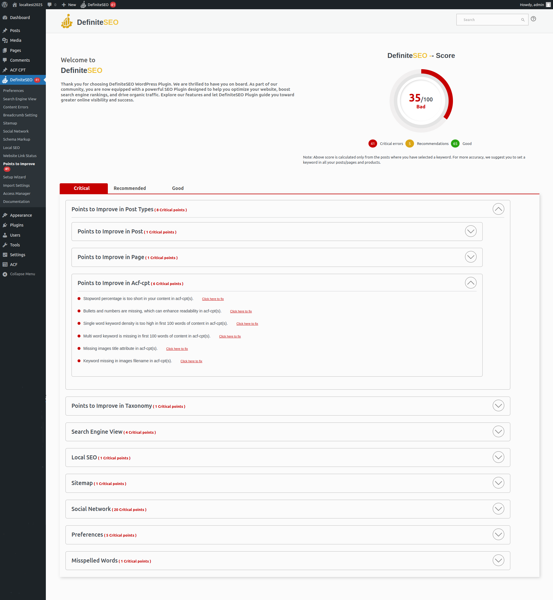 DefiniteSEO plugin showing SEO Points to Improve for custom post types created with Advanced Custom Fields.