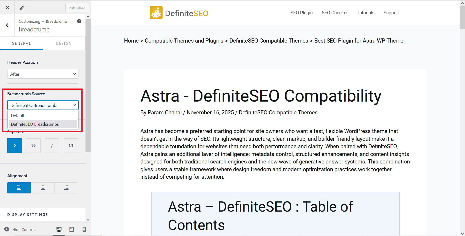 A screenshot of the WordPress Customizer showing the option to select Astra breadcrumbs or DefiniteSEO breadcrumbs.