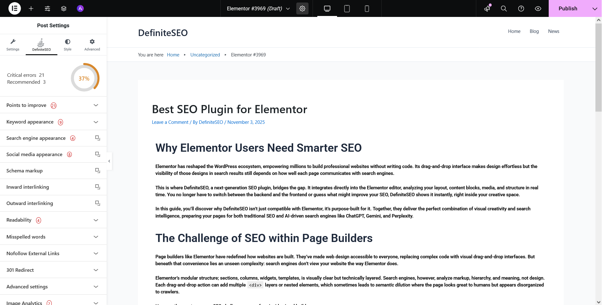 DefiniteSEO plugin interface inside Elementor editor showing live SEO analysis, schema, and optimization options.