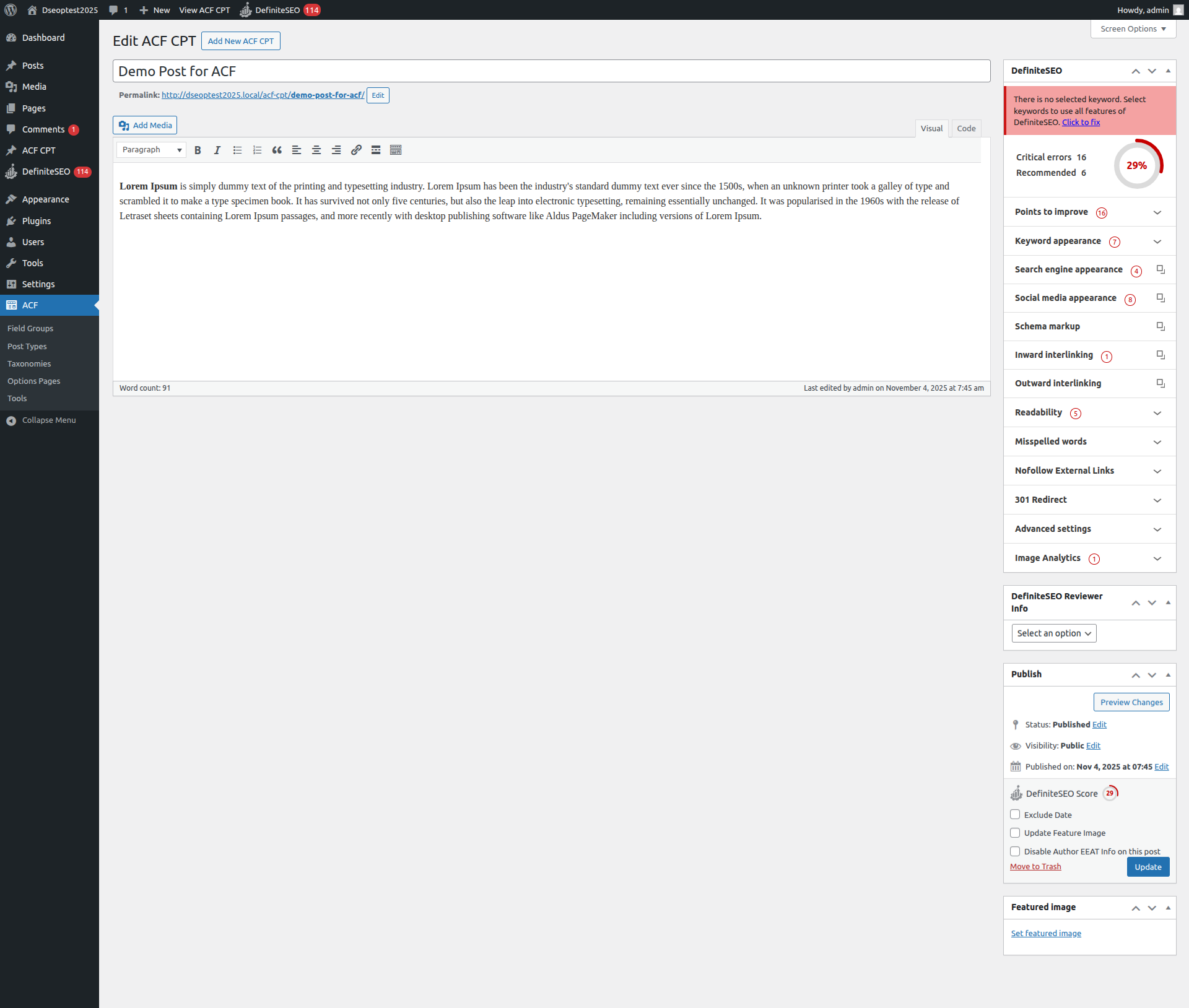 DefiniteSEO offering complete SEO and schema settings in post edit screen for ACF custom post types.