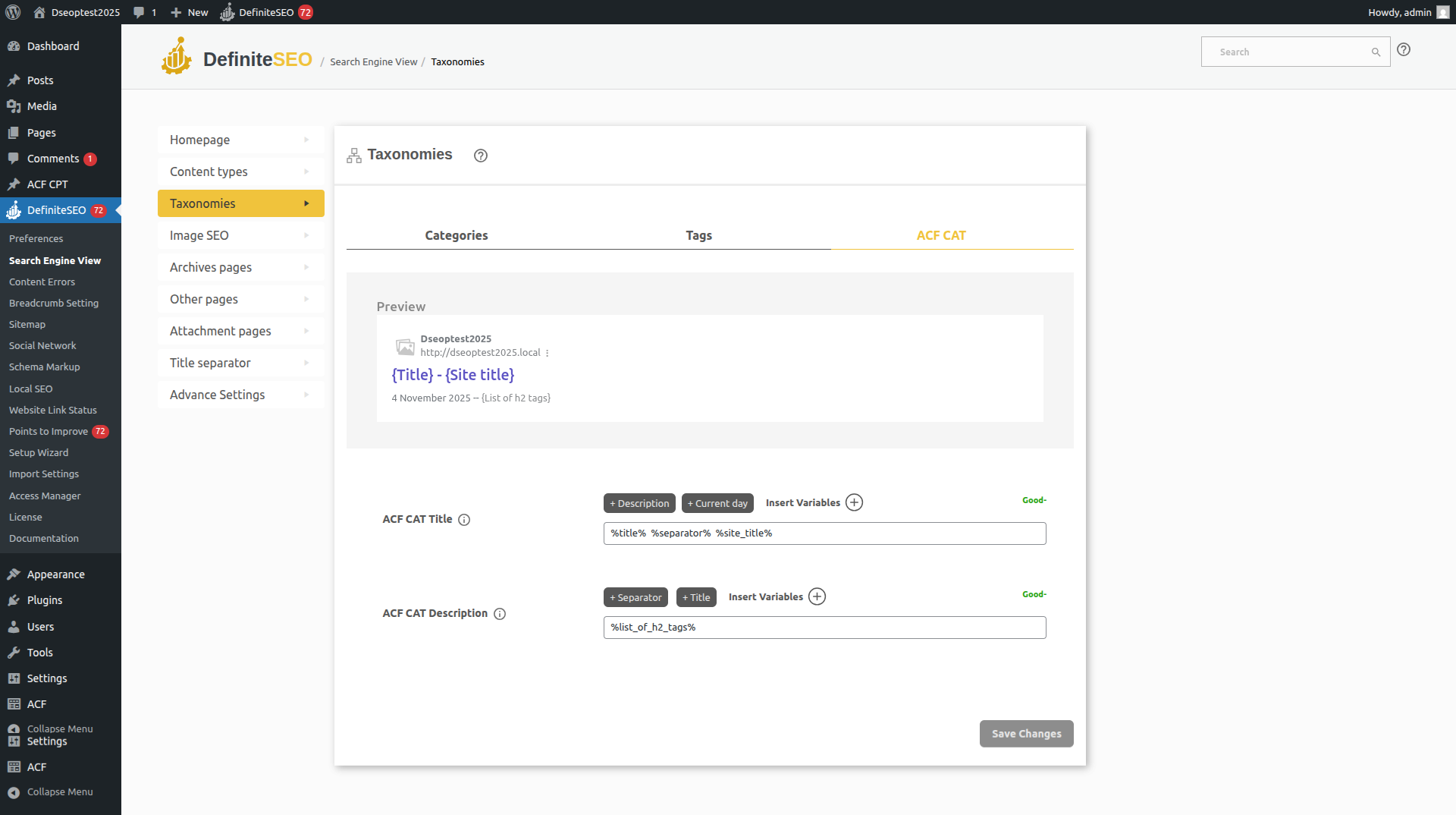DefiniteSEO supporting custom SEO title and description fields for ACF taxonomies.