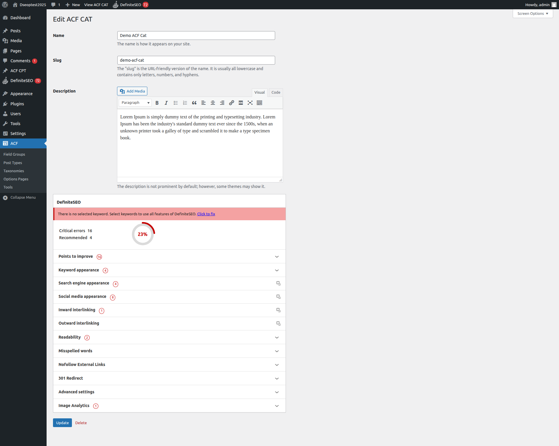 DefiniteSEO plugin showing complete SEO analysis and optimization options inside an ACF-created taxonomy editing screen in WordPress.