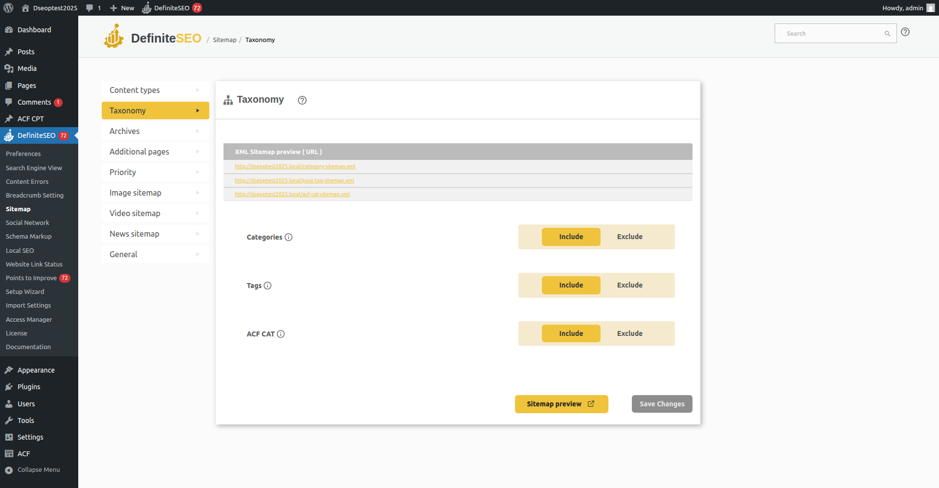 DefiniteSEO supporting inclusion or exclusion of ACF-created taxonomies in XML Sitemap.