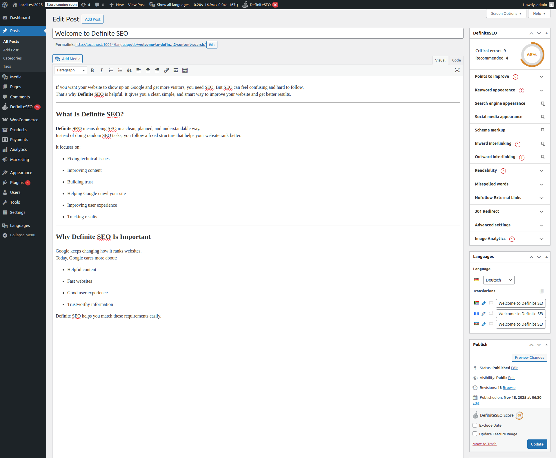 DefiniteSEO analyzer showing content score and SEO checks for a Polylang translated page