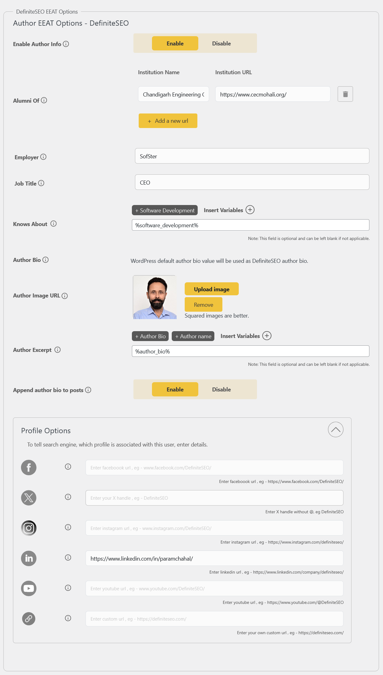 A screenshot showing EEAT Options and settings offered by DefiniteSEO