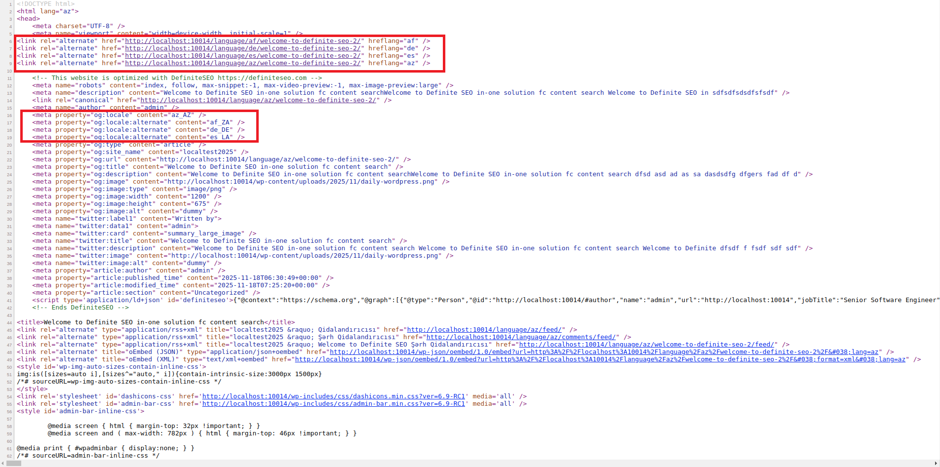 HTML source with translated metadata, hreflang and OG locale output generated by DefiniteSEO