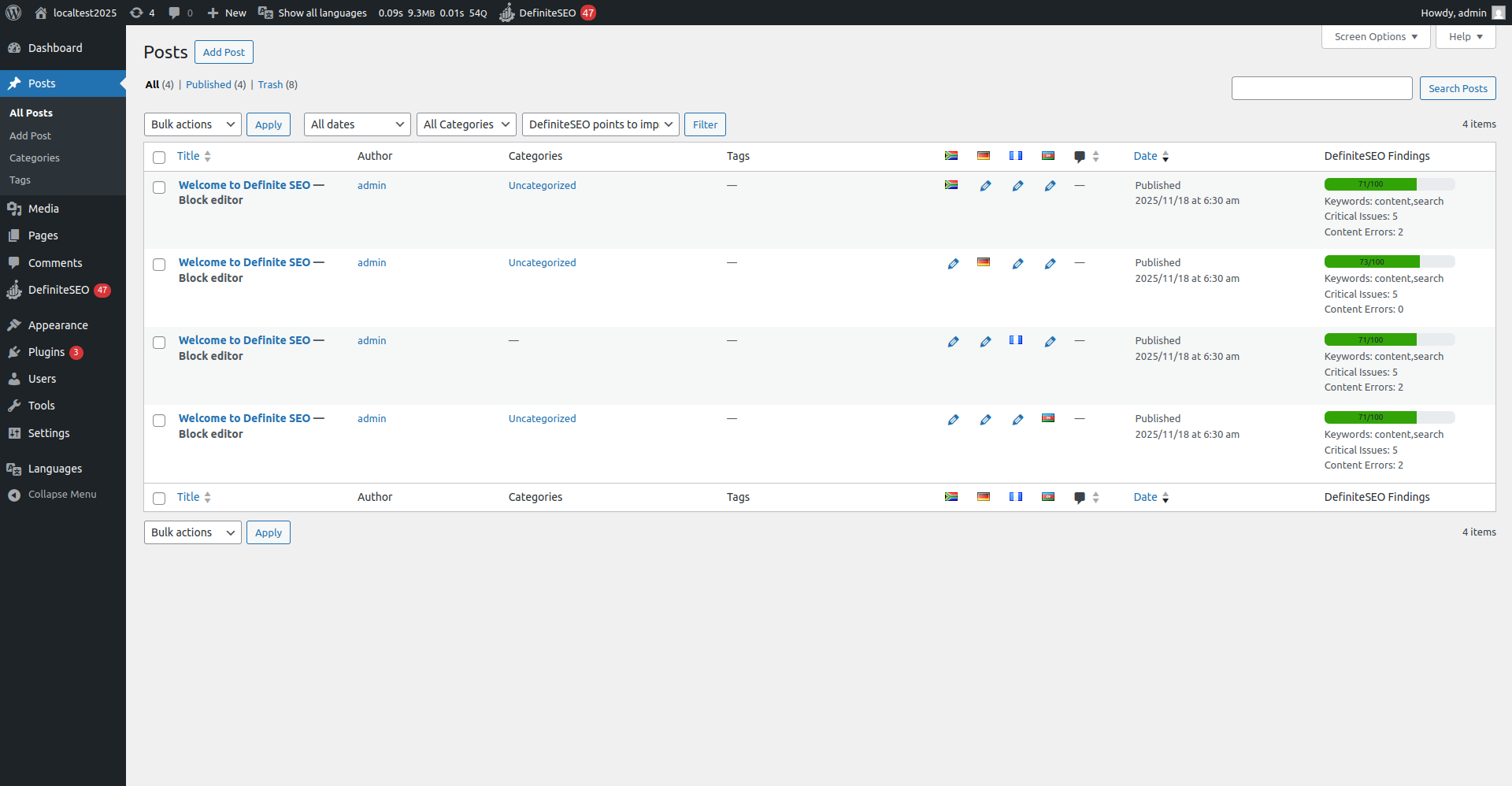 WordPress post list showing Polylang language flags for multiple translations