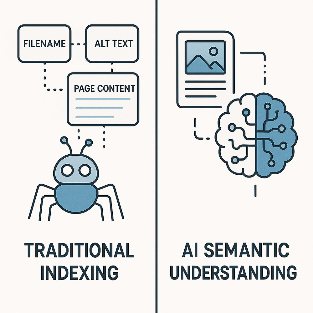Diagram showing traditional vs AI-based image understanding with metadata and contextual interpretation.