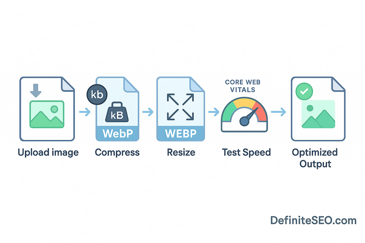 Workflow showing image compression, resizing, and optimization for performance.