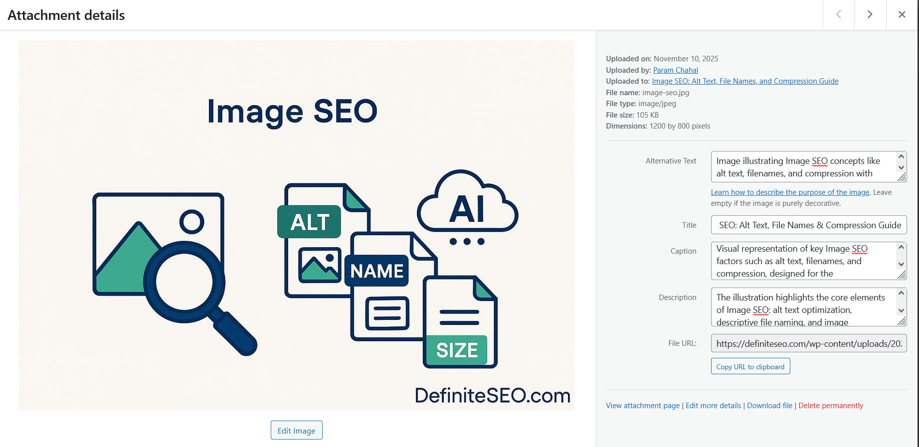 Illustration of image metadata fields showing title, alt text, caption, and description in CMS interface.