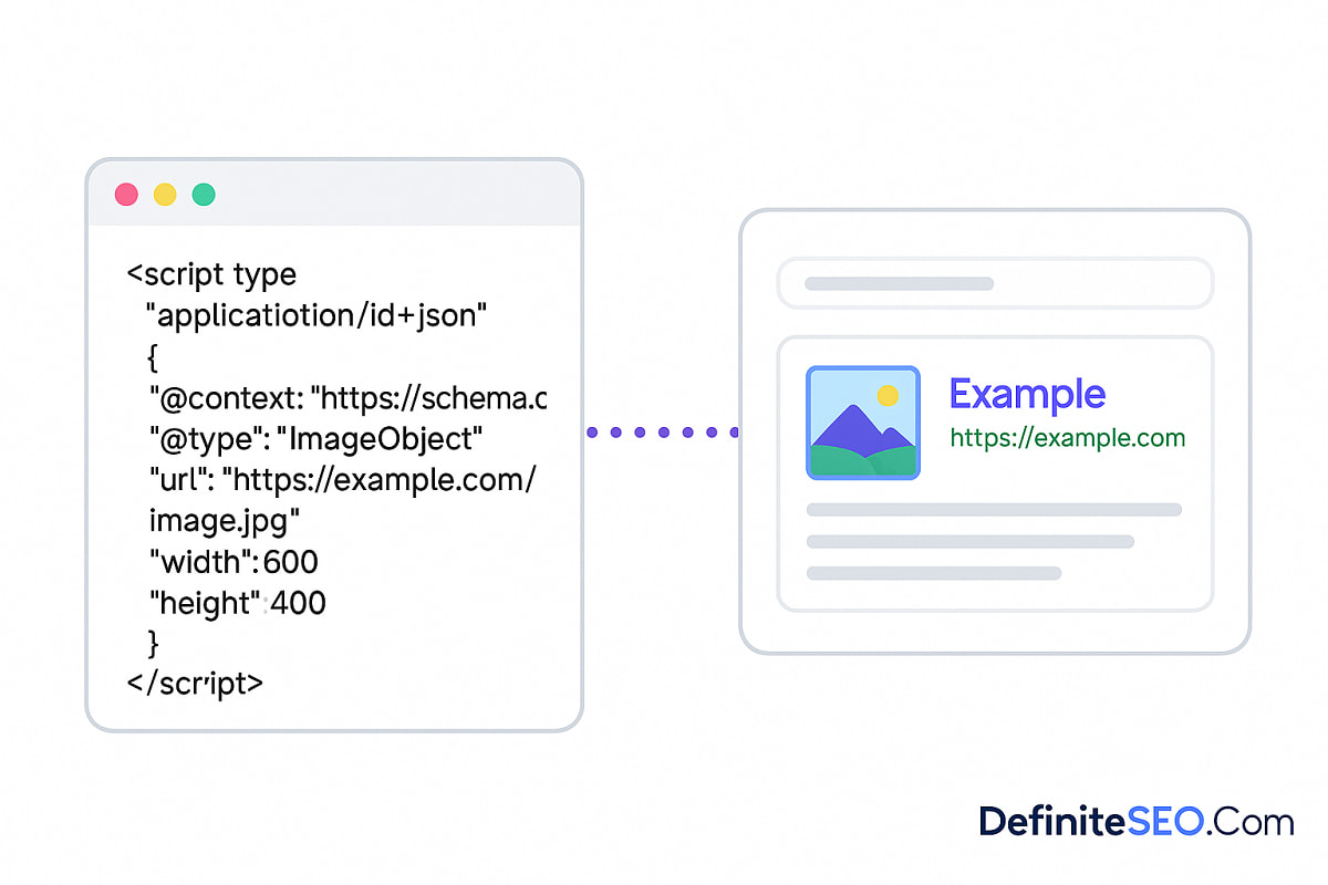 Illustration showing ImageObject schema connecting image data to search results and AI summaries.