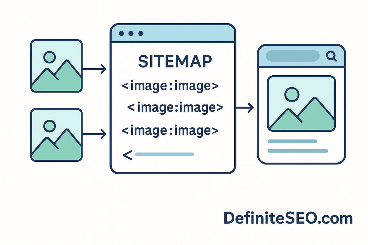 Illustration showing how images are included in an XML sitemap using image:image tags for better indexing and AI discovery.