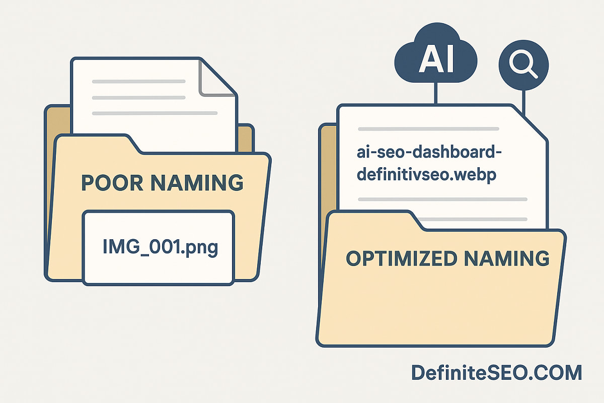 Visual showing SEO-friendly vs non-optimized image filenames for better AI understanding.