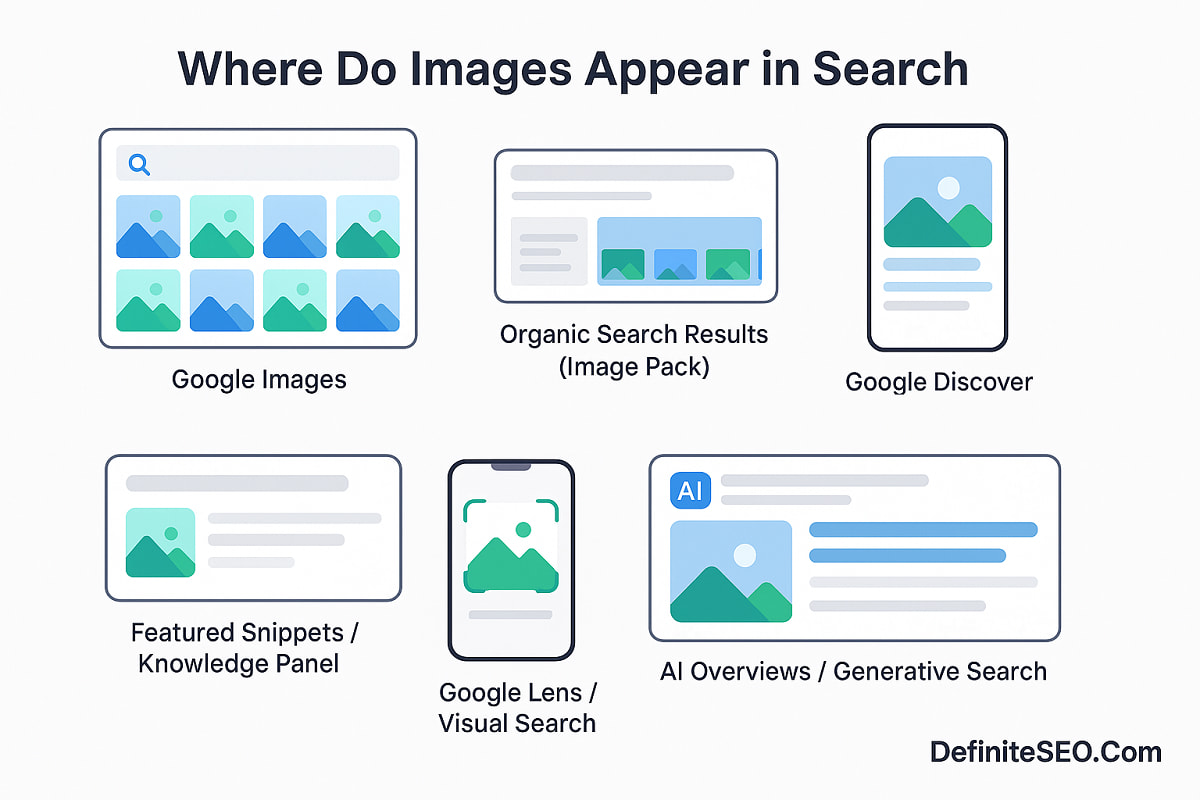 Infographic showing where images appear in Google Search, Discover, Lens, and AI Overviews.