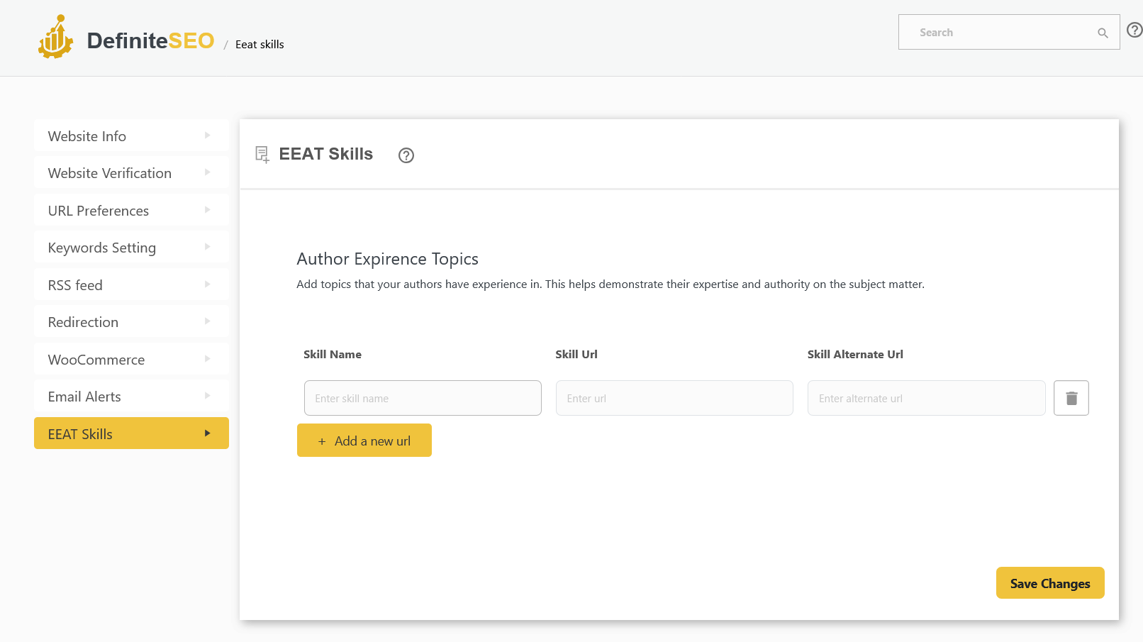 EEAT Skills panel in the DefiniteSEO plugin showing where author experience topics can be added.