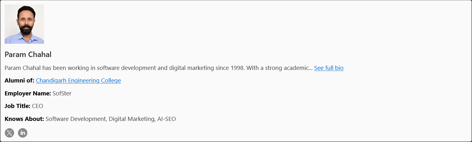 Author Bio Box displayed at the end of an article using DefiniteSEO, showing author photo, bio snippet, alumni information, job title, skills, and social profiles.