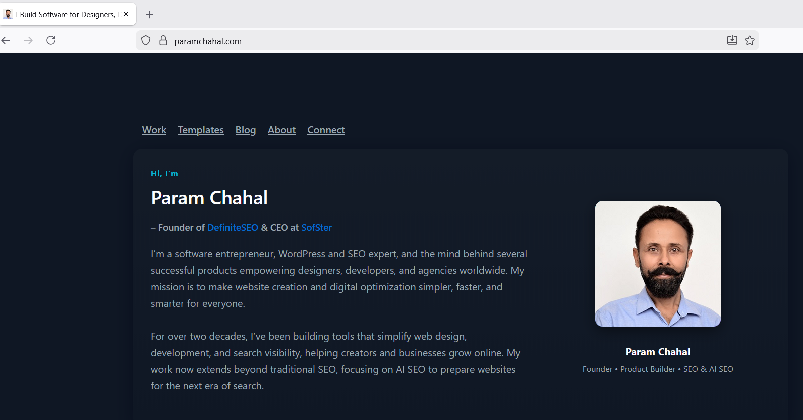 Author Param Chahal’s personal website About page showing professional bio, experience, and role as founder of DefiniteSEO and CEO at SofSter.