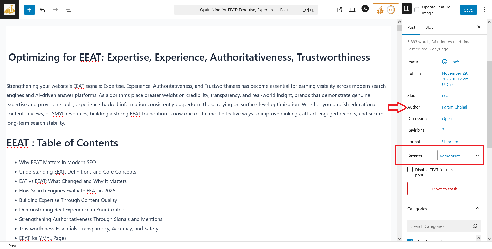 DefiniteSEO plugin settings in the WordPress post editor showing fields for assigning an Author and Reviewer to strengthen EEAT.