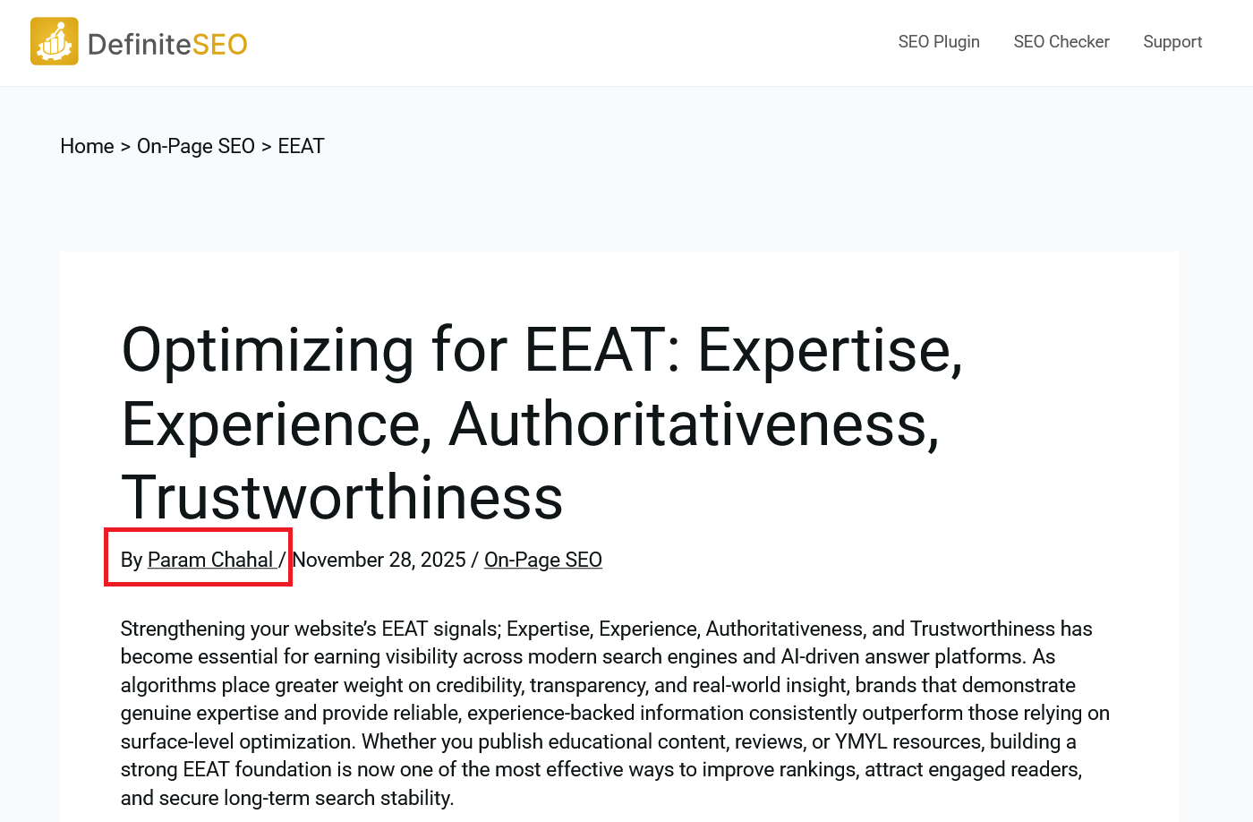Front-end example showing the author name displayed on a published article using the DefiniteSEO plugin
