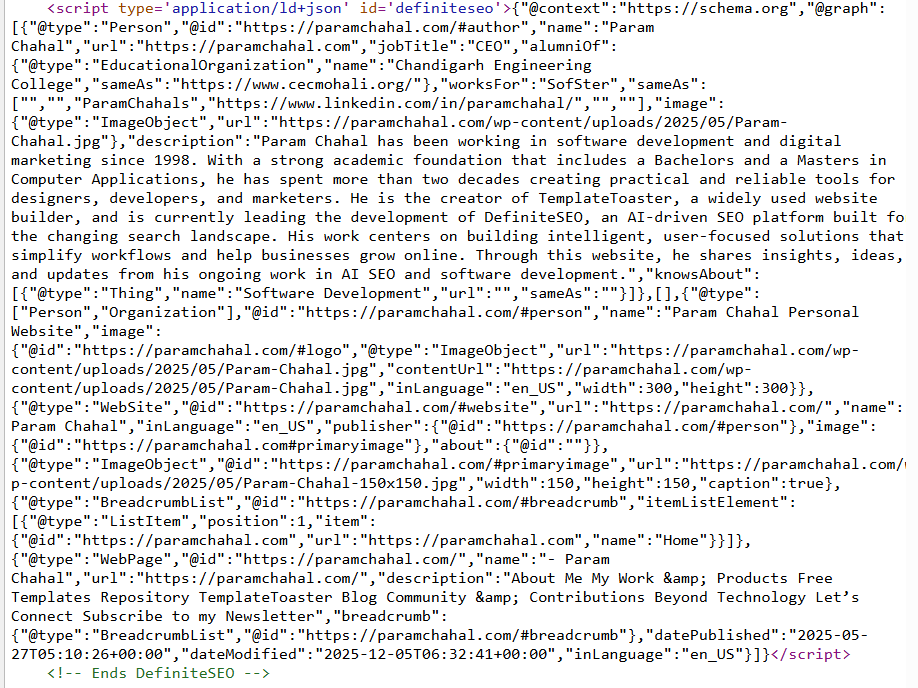 Automatically generated Person Schema in JSON-LD format from the DefiniteSEO plugin, displaying author identity and EEAT attributes.