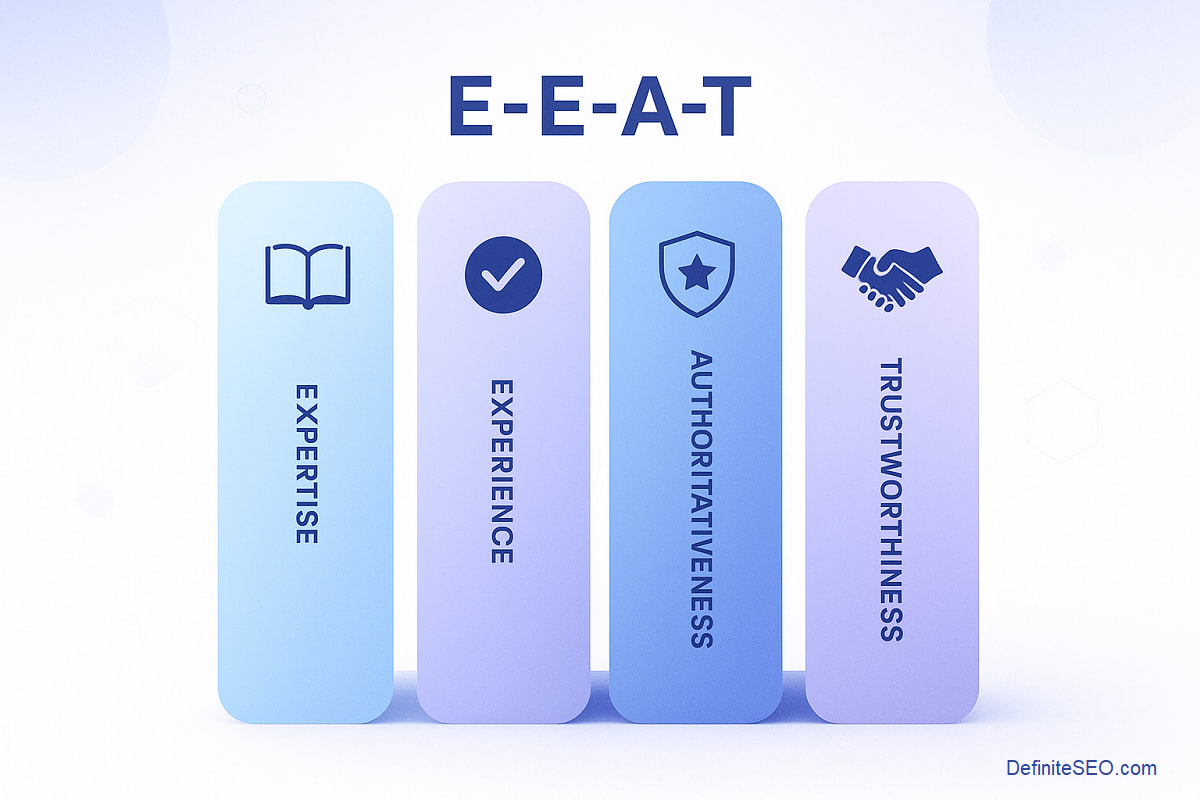 Graphic illustration of the EEAT pillars representing Expertise, Experience, Authoritativeness, and Trustworthiness.