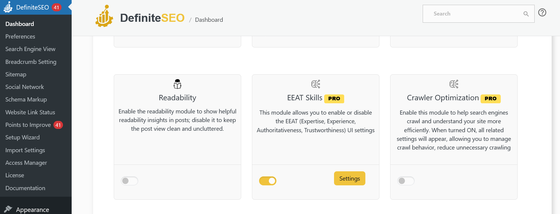 DefiniteSEO plugin dashboard showing the EEAT Skills module used to manage author experience topics across the website.