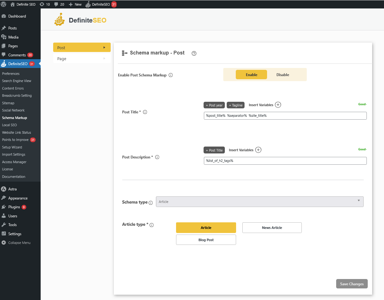 Setting default schema markup for posts, pages, products and other post types in DefiniteSEO