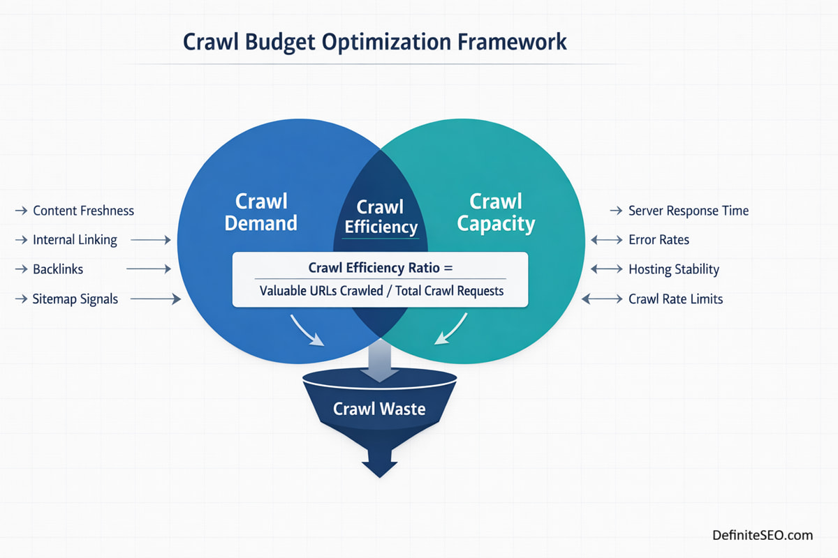 Crawl budget optimization framework diagram showing crawl demand, crawl capacity, crawl waste, and crawl efficiency ratio in technical SEO.