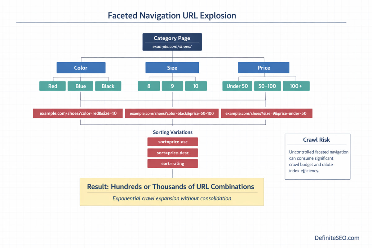 Diagram showing how faceted navigation creates exponential URL combinations that impact crawl budget in technical SEO.