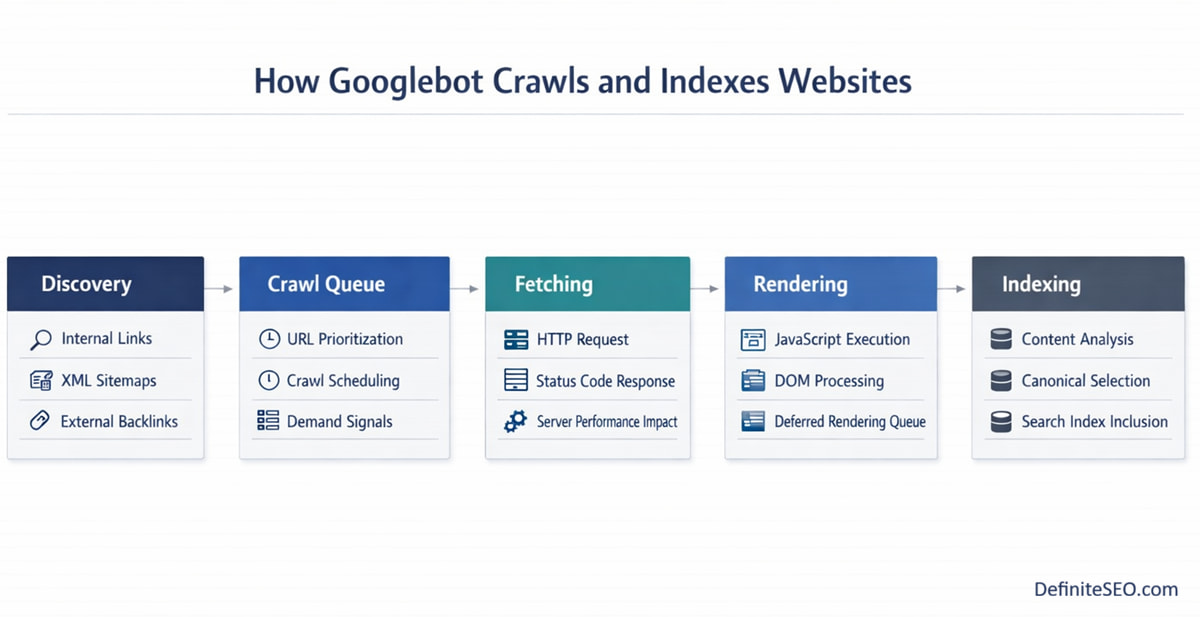 Flow diagram illustrating how Googlebot discovers, crawls, renders, and indexes websites in technical SEO.