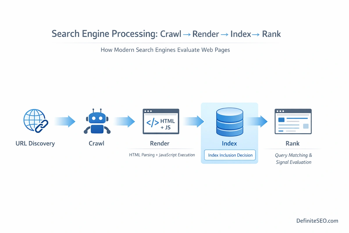Diagram showing the crawl render index rank process in search engines with URL discovery, crawling, rendering, indexing, and ranking stages explained for technical SEO