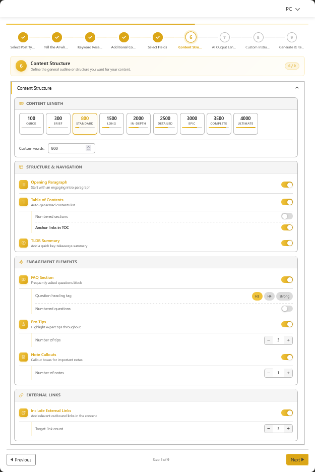 SEO content structure configuration with content length options, table of contents, FAQ section, pro tips, note callouts, and external link settings for AI written articles