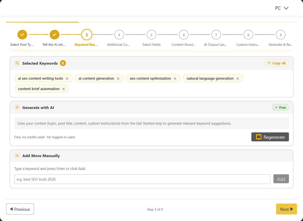 AI keyword research tool in DefiniteSEO finding relevant SEO keywords automatically with options to add keywords manually for better search engine rankings