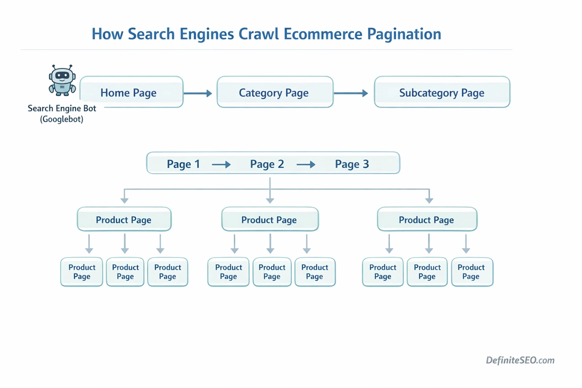 Diagram showing how search engine crawlers move from homepage to category pages, pagination pages, and discover product pages on an ecommerce website.