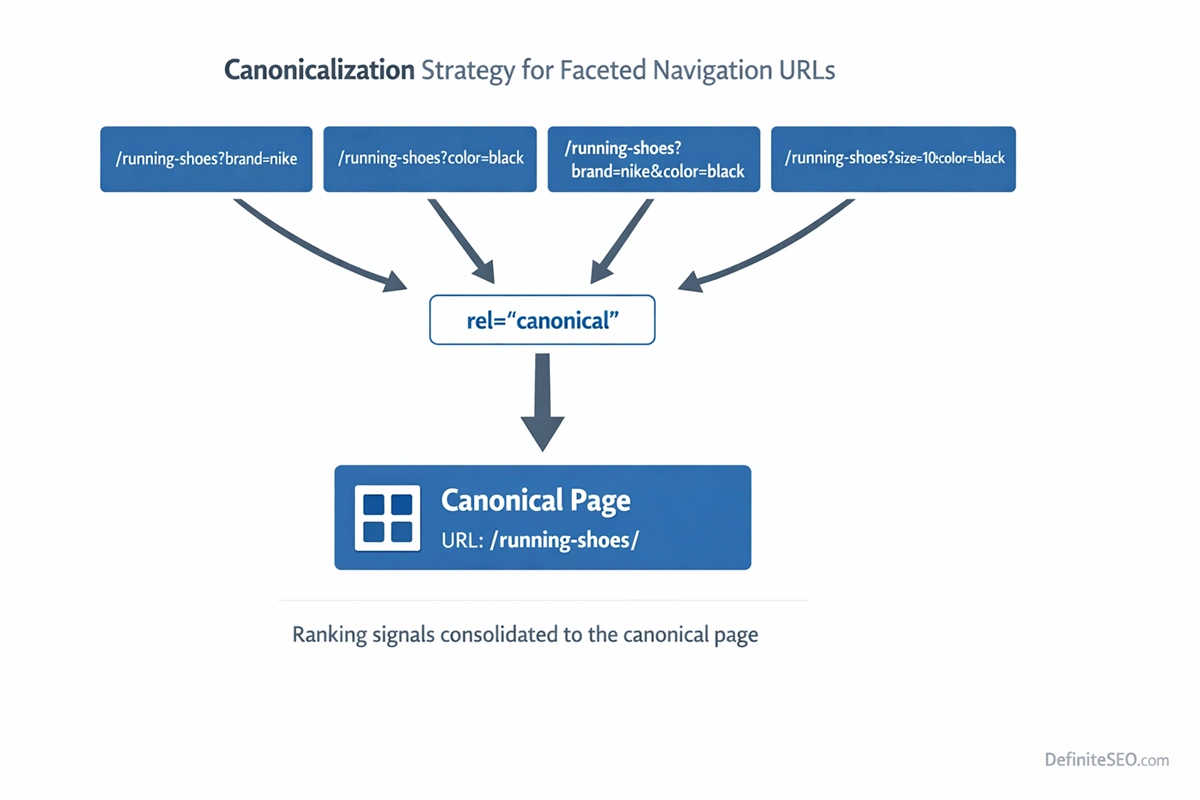 Diagram showing canonicalization strategy where multiple faceted navigation URLs point to a primary category page using canonical tags.