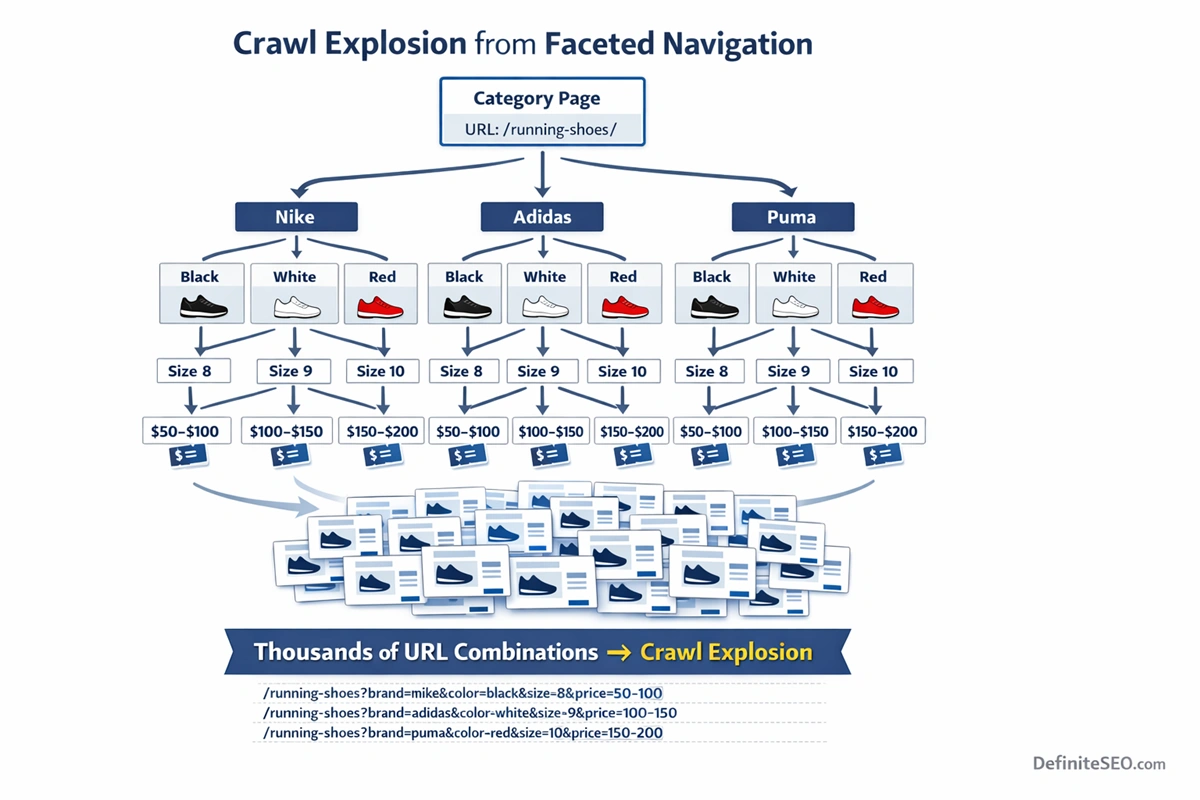 Diagram illustrating crawl explosion caused by faceted navigation where multiple filter combinations generate thousands of URL variations on ecommerce websites.