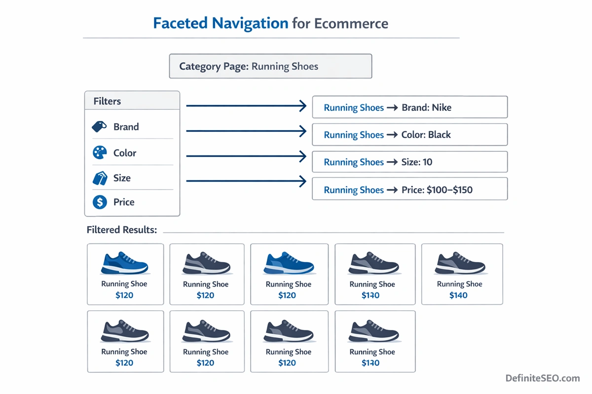 Faceted navigation overview diagram showing ecommerce category page filters like brand, color, size, and price generating filtered product results.