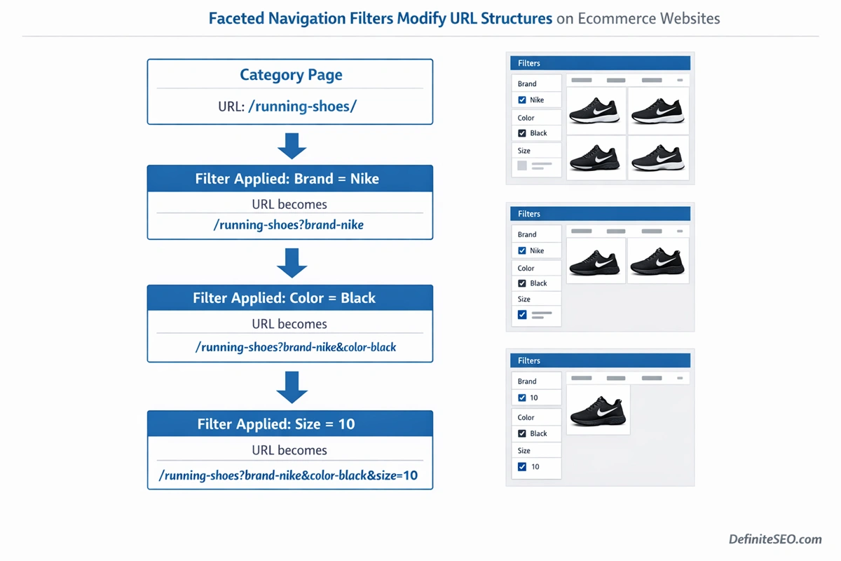 Example showing how faceted navigation filters add parameters to a category URL, generating multiple filtered page variations.